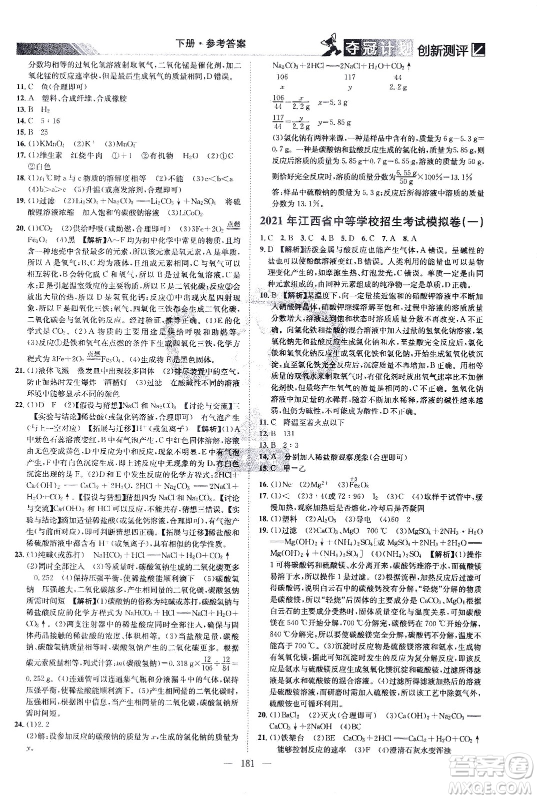 江西美術(shù)出版社2021奪冠計劃化學(xué)九年級下冊RJ人教版江西專版答案