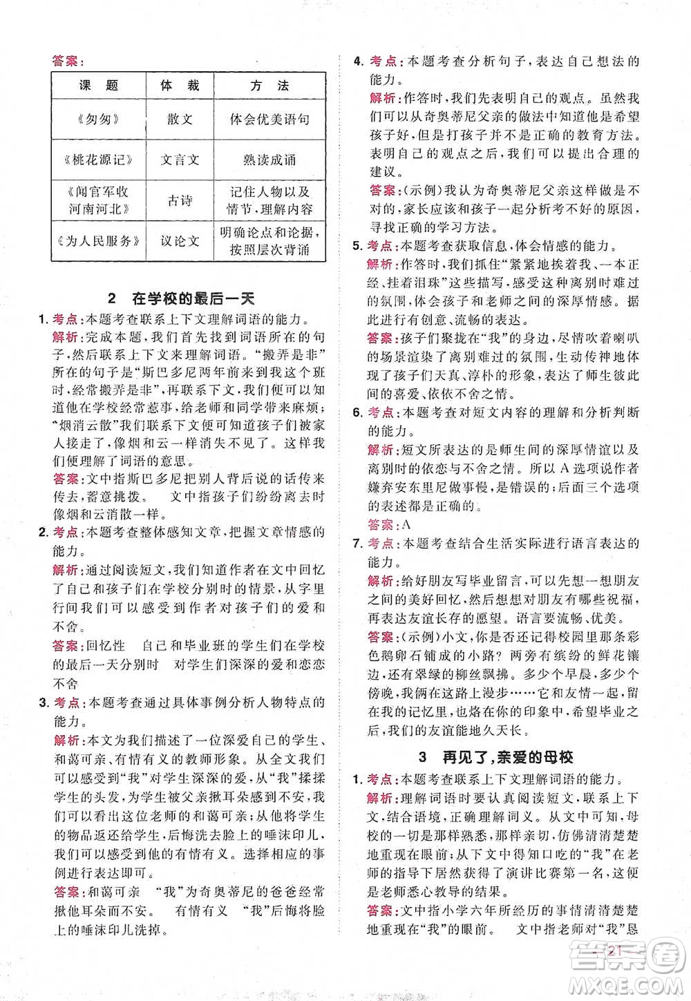 江西教育出版社2021陽光同學(xué)同步閱讀素養(yǎng)測(cè)試六年級(jí)下冊(cè)語文人教版參考答案