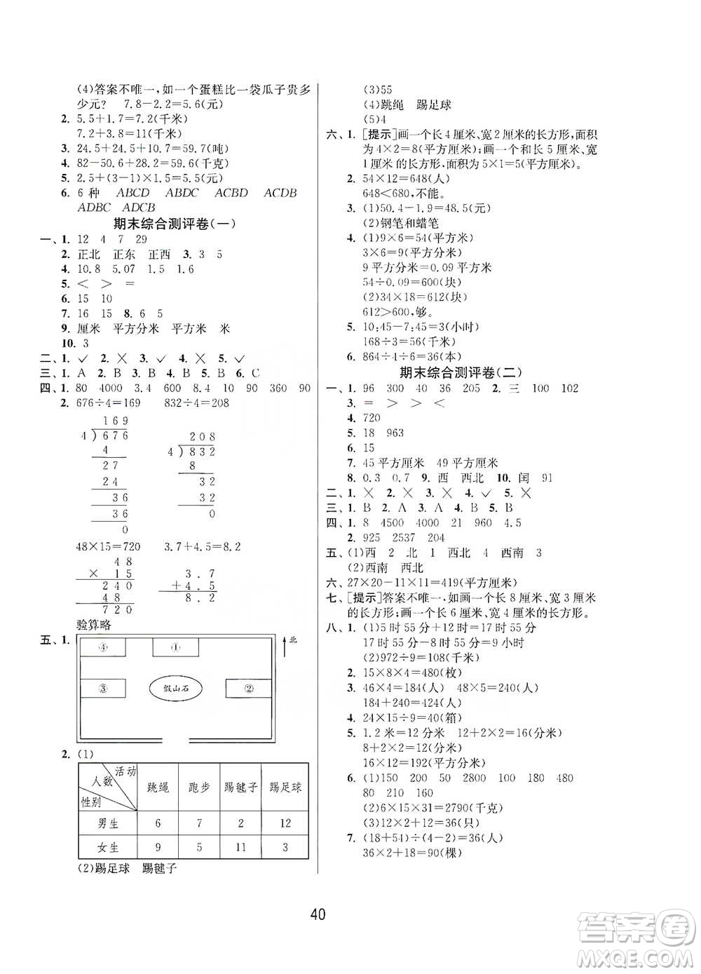 江蘇人民出版社2021年1課3練單元達(dá)標(biāo)測(cè)試三年級(jí)下冊(cè)數(shù)學(xué)人教版參考答案