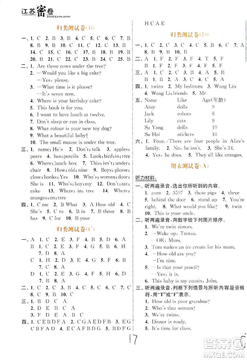 東南大學(xué)出版社2021江蘇密卷英語三年級下冊新課標(biāo)江蘇版答案