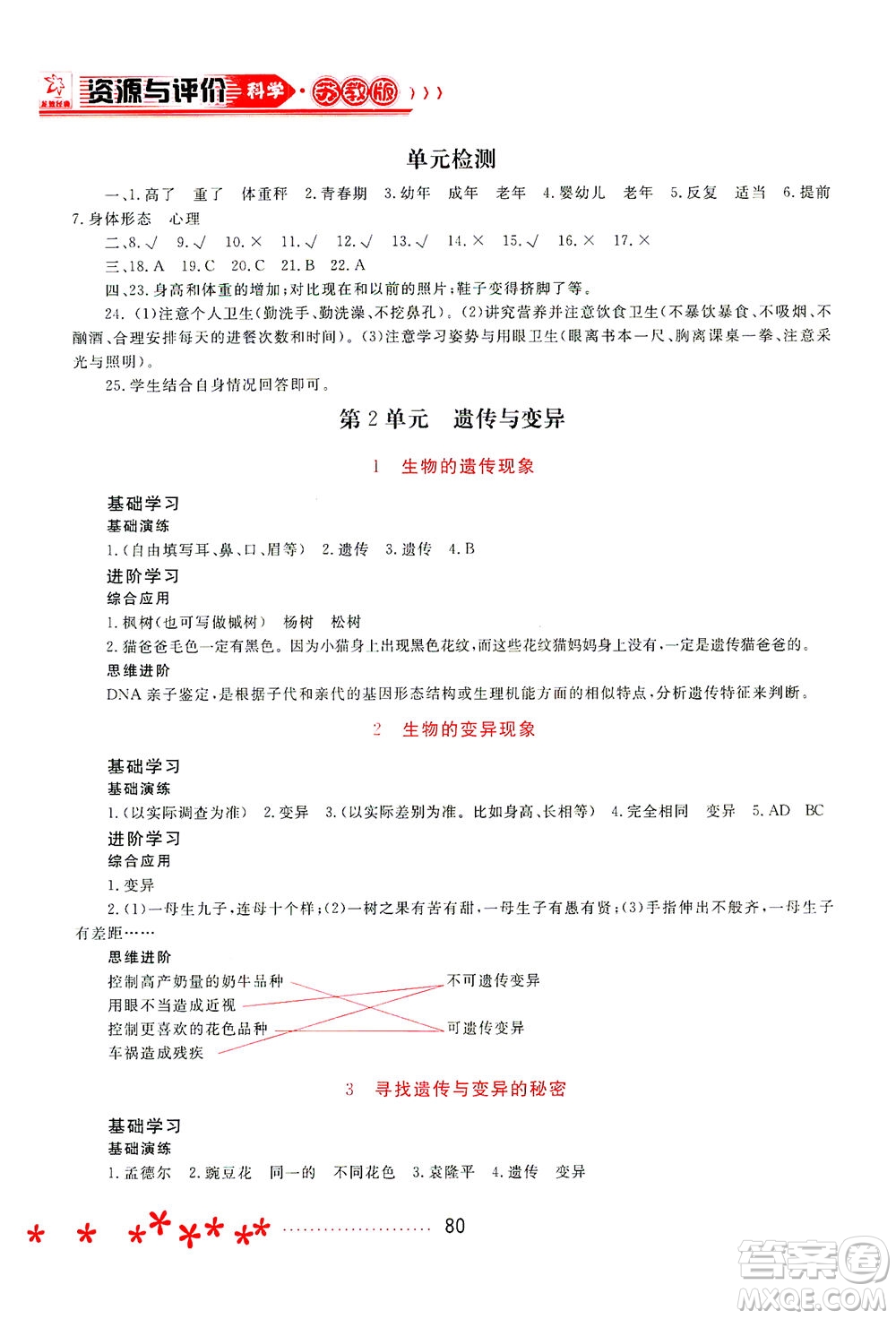 黑龍江教育出版社2021資源與評價六年級科學(xué)下冊蘇教版答案