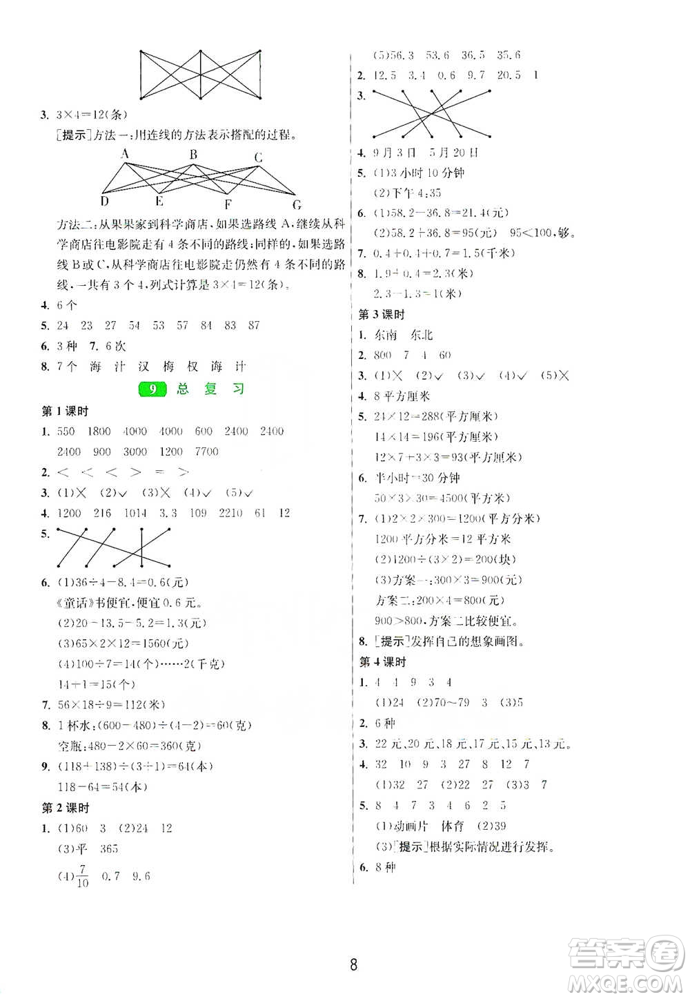 江蘇人民出版社2021年1課3練單元達(dá)標(biāo)測(cè)試三年級(jí)下冊(cè)數(shù)學(xué)人教版參考答案