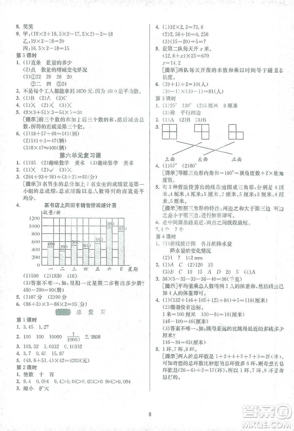 江蘇人民出版社2021年1課3練單元達(dá)標(biāo)測(cè)試四年級(jí)下冊(cè)數(shù)學(xué)北師大版參考答案