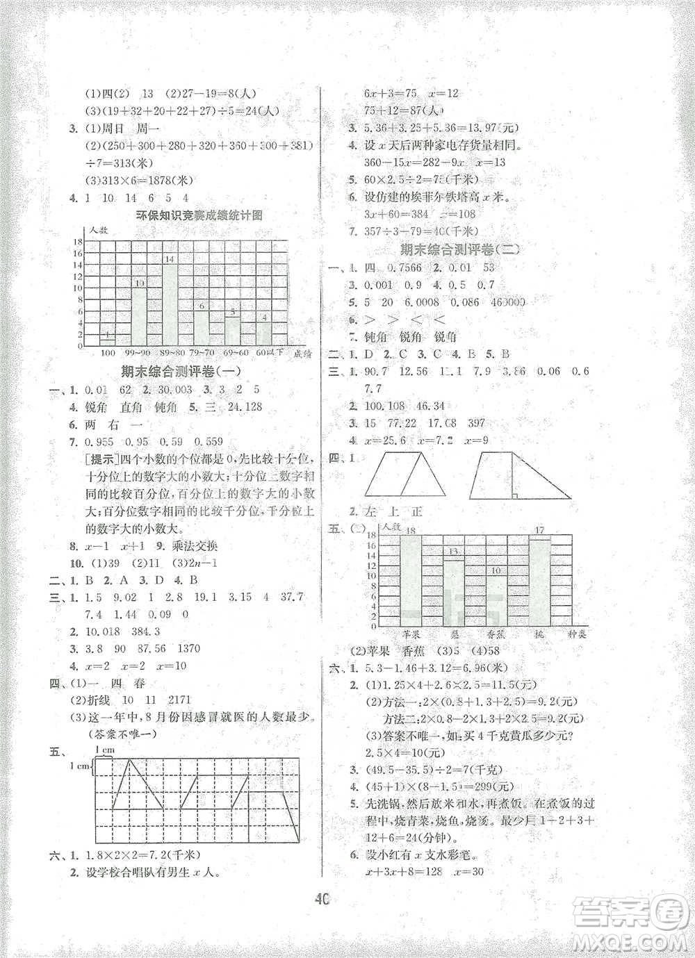 江蘇人民出版社2021年1課3練單元達(dá)標(biāo)測(cè)試四年級(jí)下冊(cè)數(shù)學(xué)北師大版參考答案