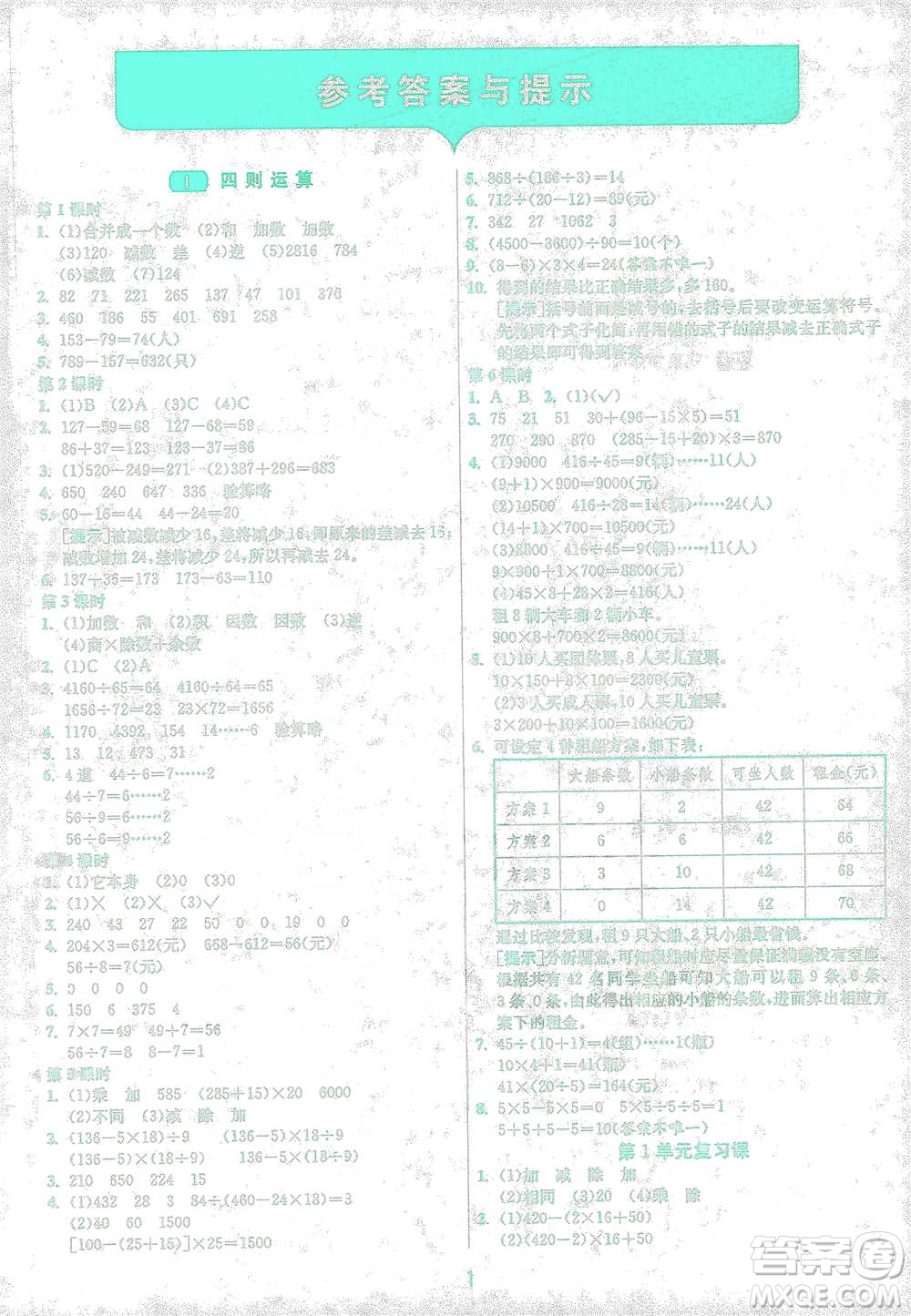 江蘇人民出版社2021年1課3練單元達(dá)標(biāo)測試四年級下冊數(shù)學(xué)人教版參考答案