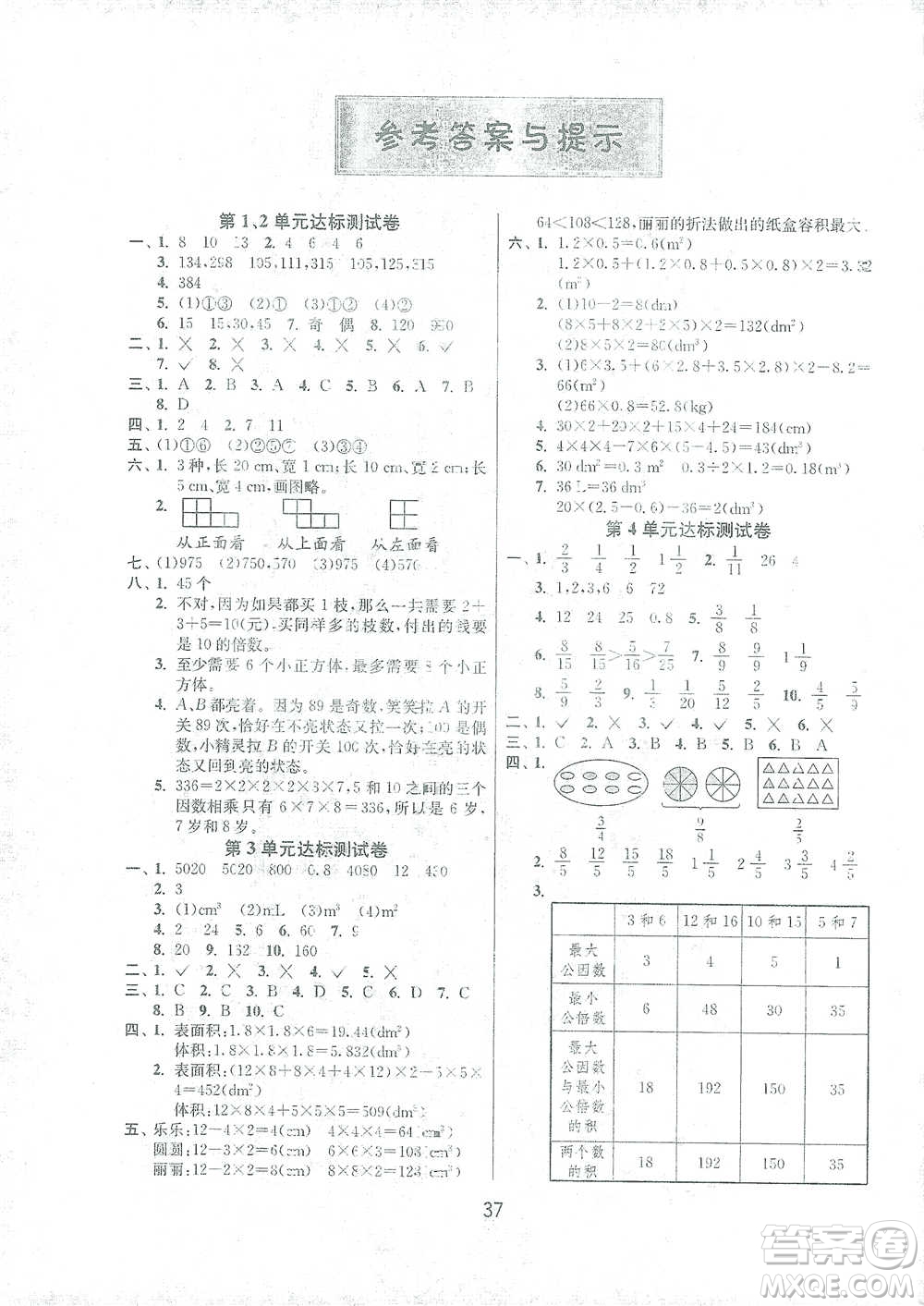 江蘇人民出版社2021年1課3練單元達(dá)標(biāo)測(cè)試五年級(jí)下冊(cè)數(shù)學(xué)人教版參考答案