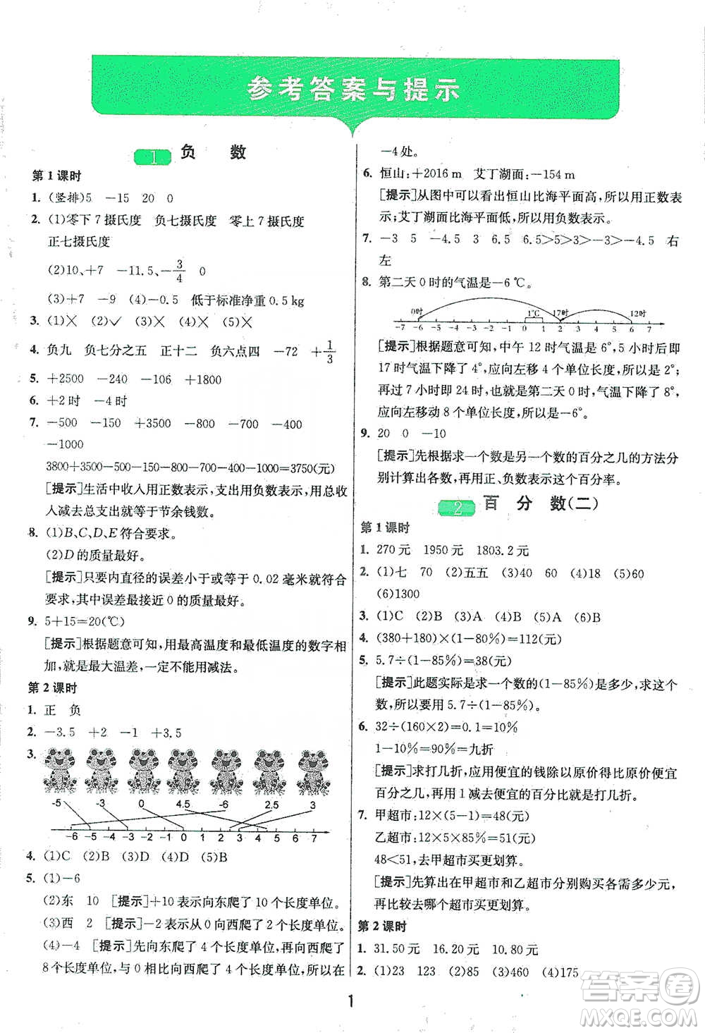 江蘇人民出版社2021年1課3練單元達(dá)標(biāo)測試六年級下冊數(shù)學(xué)人教版參考答案