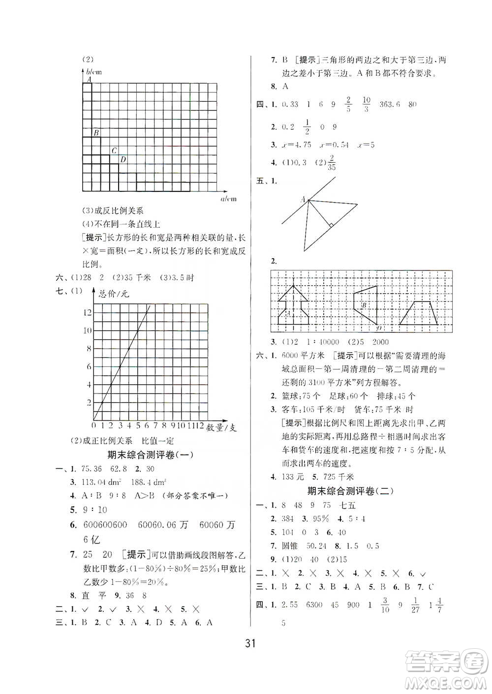 江蘇人民出版社2021年1課3練單元達(dá)標(biāo)測試六年級(jí)下冊(cè)數(shù)學(xué)北師大版參考答案