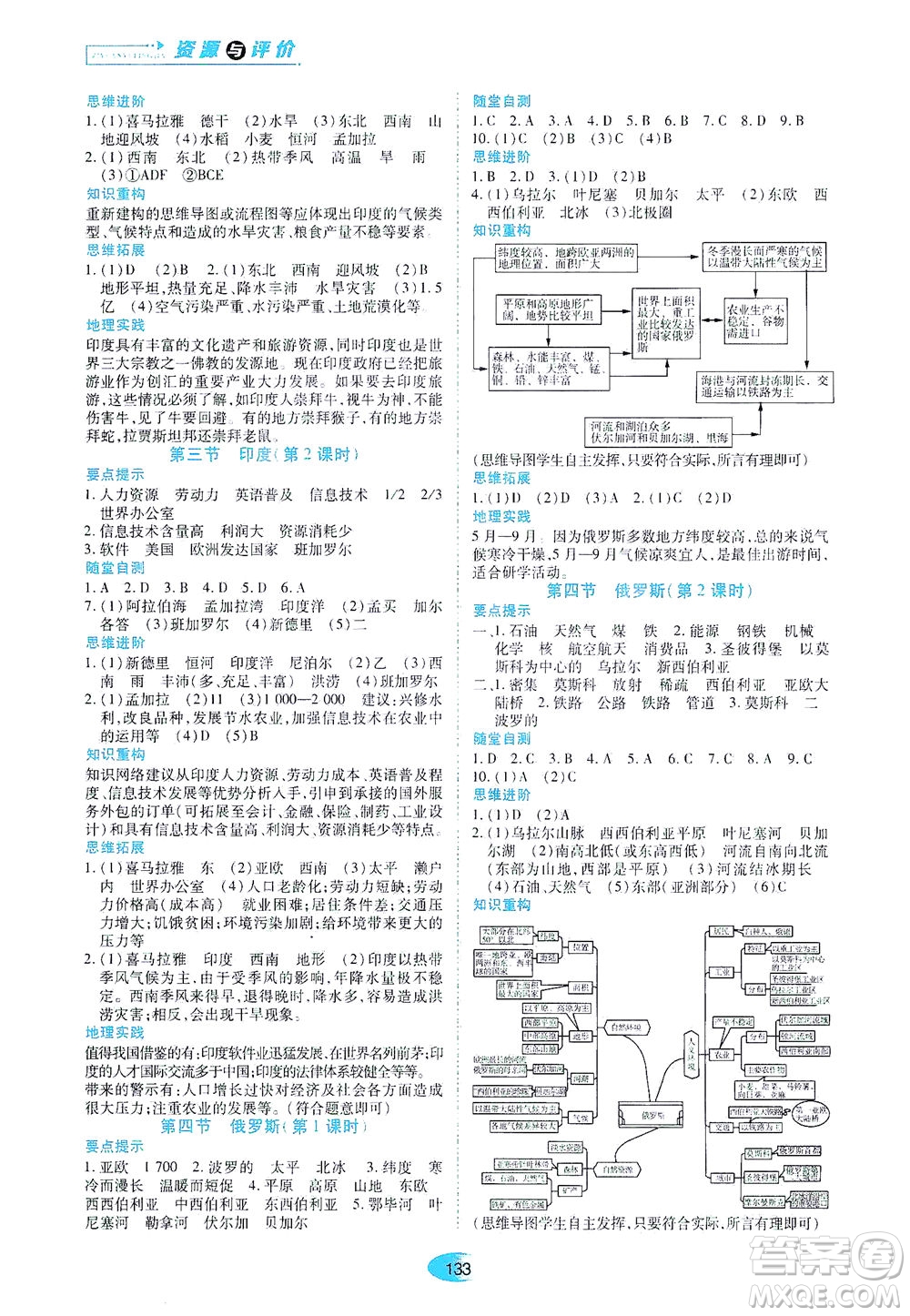 黑龍江教育出版社2021資源與評價七年級地理下冊人教版答案