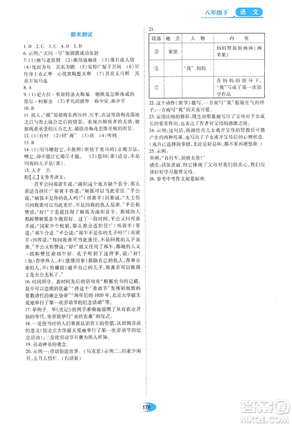 黑龍江教育出版社2021資源與評價八年級語文下冊人教版答案