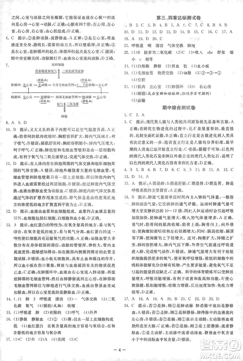 江蘇人民出版社2021年1課3練單元達(dá)標(biāo)測試七年級(jí)下冊(cè)生物學(xué)人教版參考答案