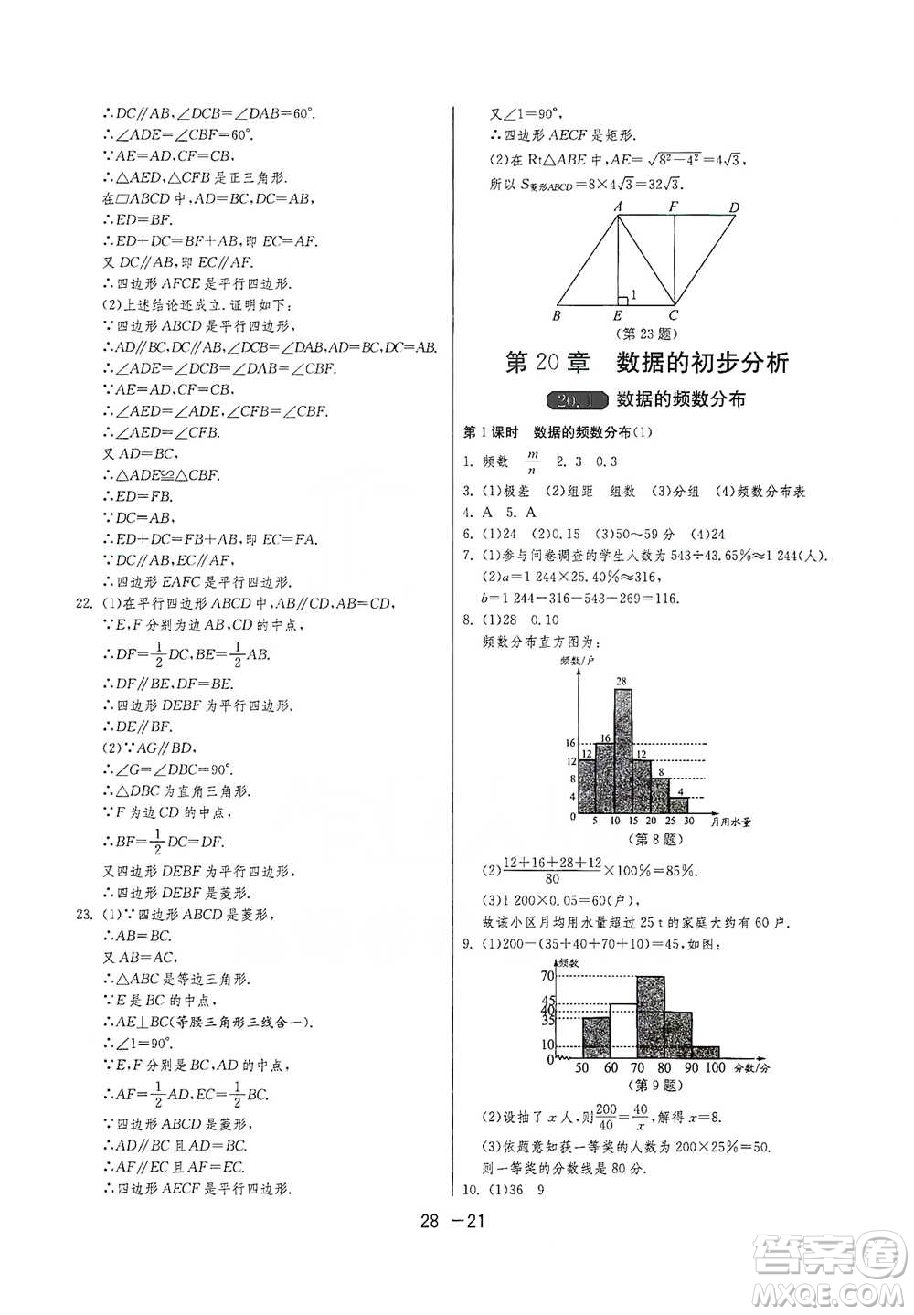 江蘇人民出版社2021年1課3練單元達(dá)標(biāo)測(cè)試八年級(jí)下冊(cè)數(shù)學(xué)滬科版參考答案