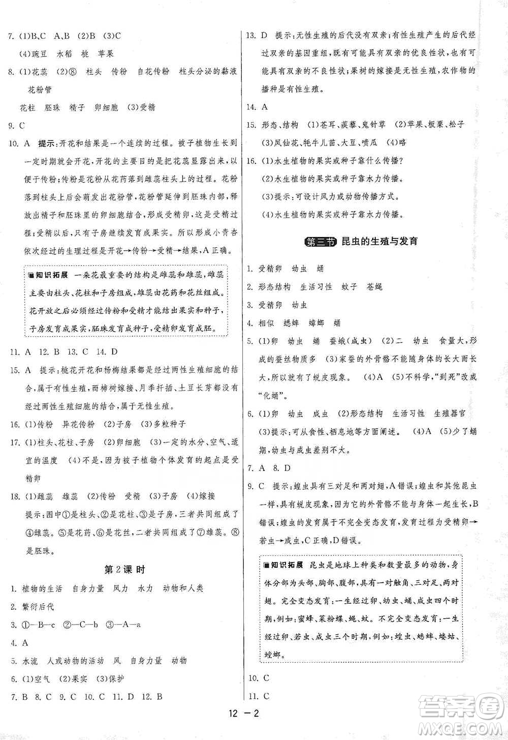 江蘇人民出版社2021年1課3練單元達(dá)標(biāo)測(cè)試八年級(jí)下冊(cè)生物學(xué)蘇教版參考答案