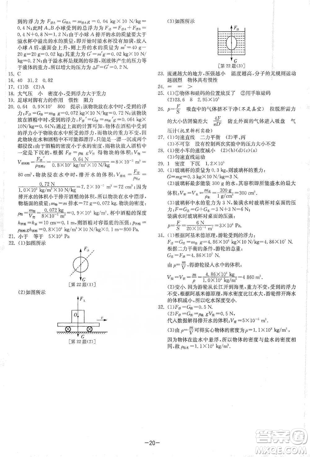 江蘇人民出版社2021年1課3練單元達(dá)標(biāo)測試八年級下冊物理蘇科版參考答案