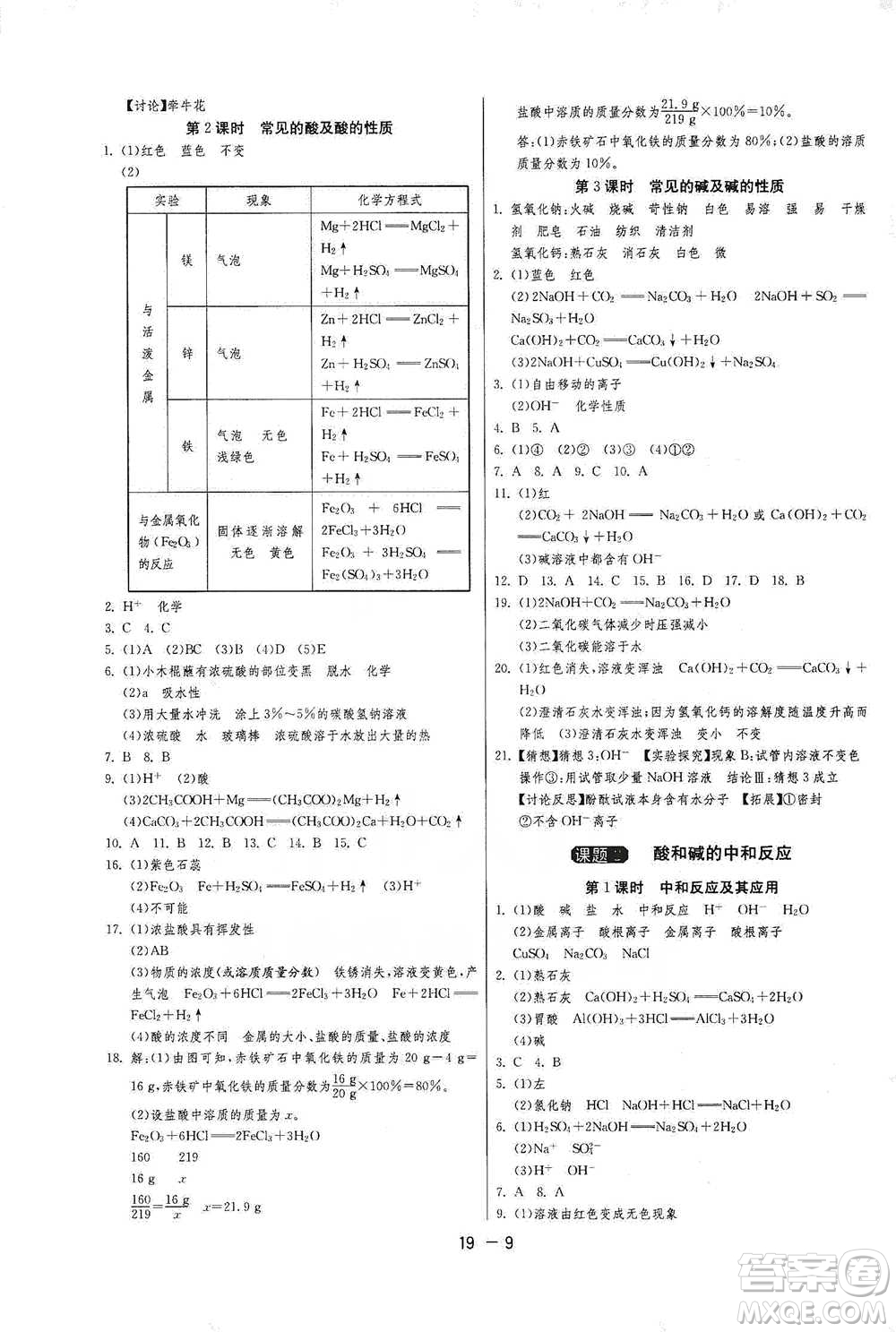 江蘇人民出版社2021年1課3練單元達標測試九年級下冊化學(xué)人教版參考答案