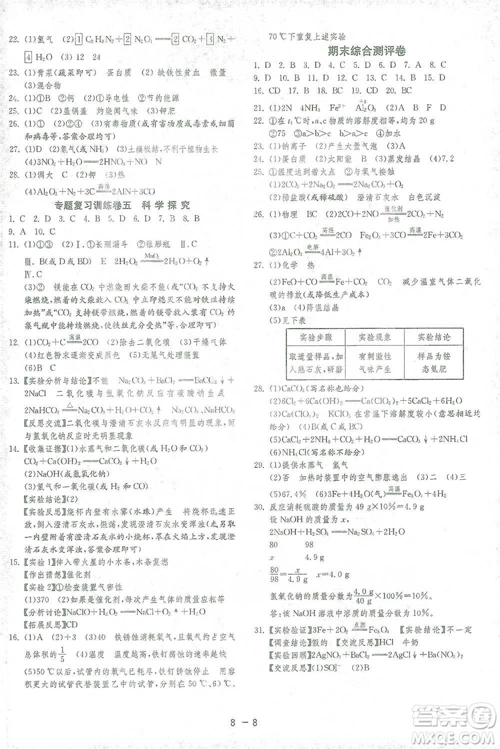 江蘇人民出版社2021年1課3練單元達(dá)標(biāo)測試九年級下冊化學(xué)滬教版參考答案