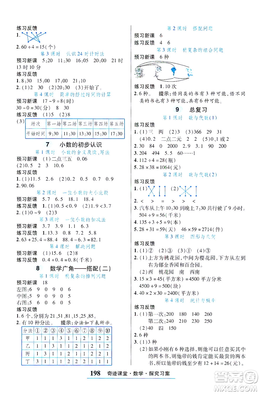 武漢出版社2021奇跡課堂考點筆記手冊數(shù)學(xué)三年級下冊人教版答案