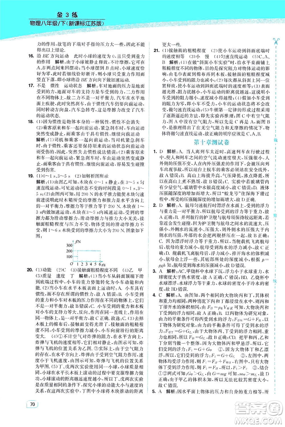 東南大學(xué)出版社2021金3練八年級(jí)物理下冊(cè)江蘇版答案