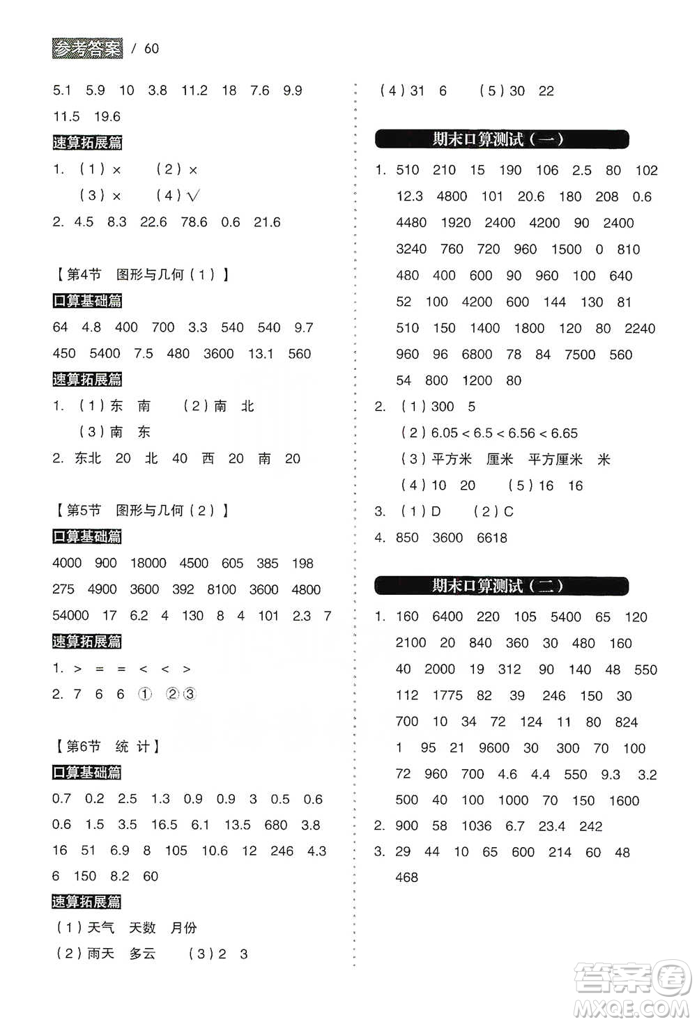 黑龍江美術出版社2021小學生數(shù)學口算速算同步練三年級下冊人教版參考答案