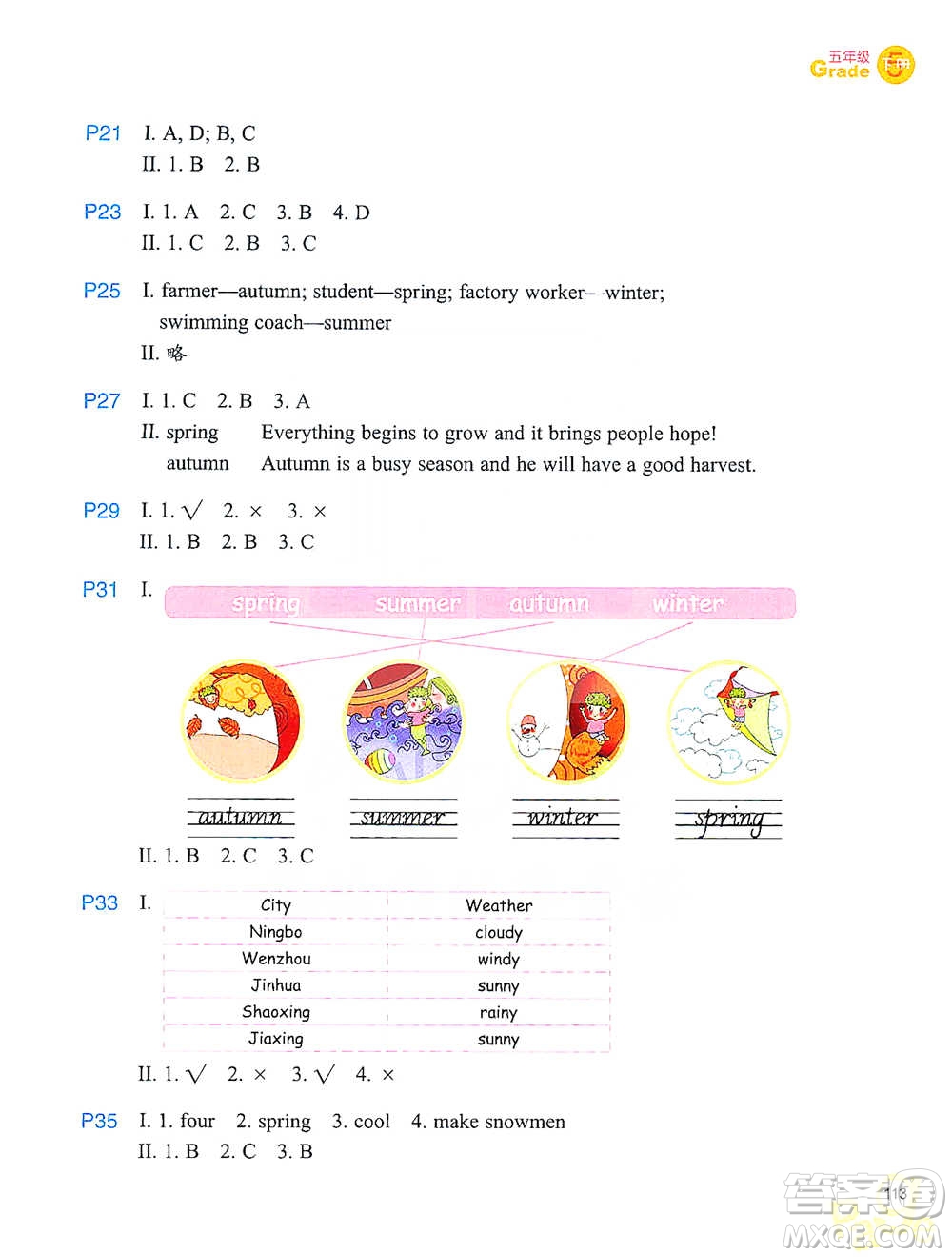 浙江教育出版社2021小學(xué)英語同步閱讀五年級(jí)下冊(cè)參考答案