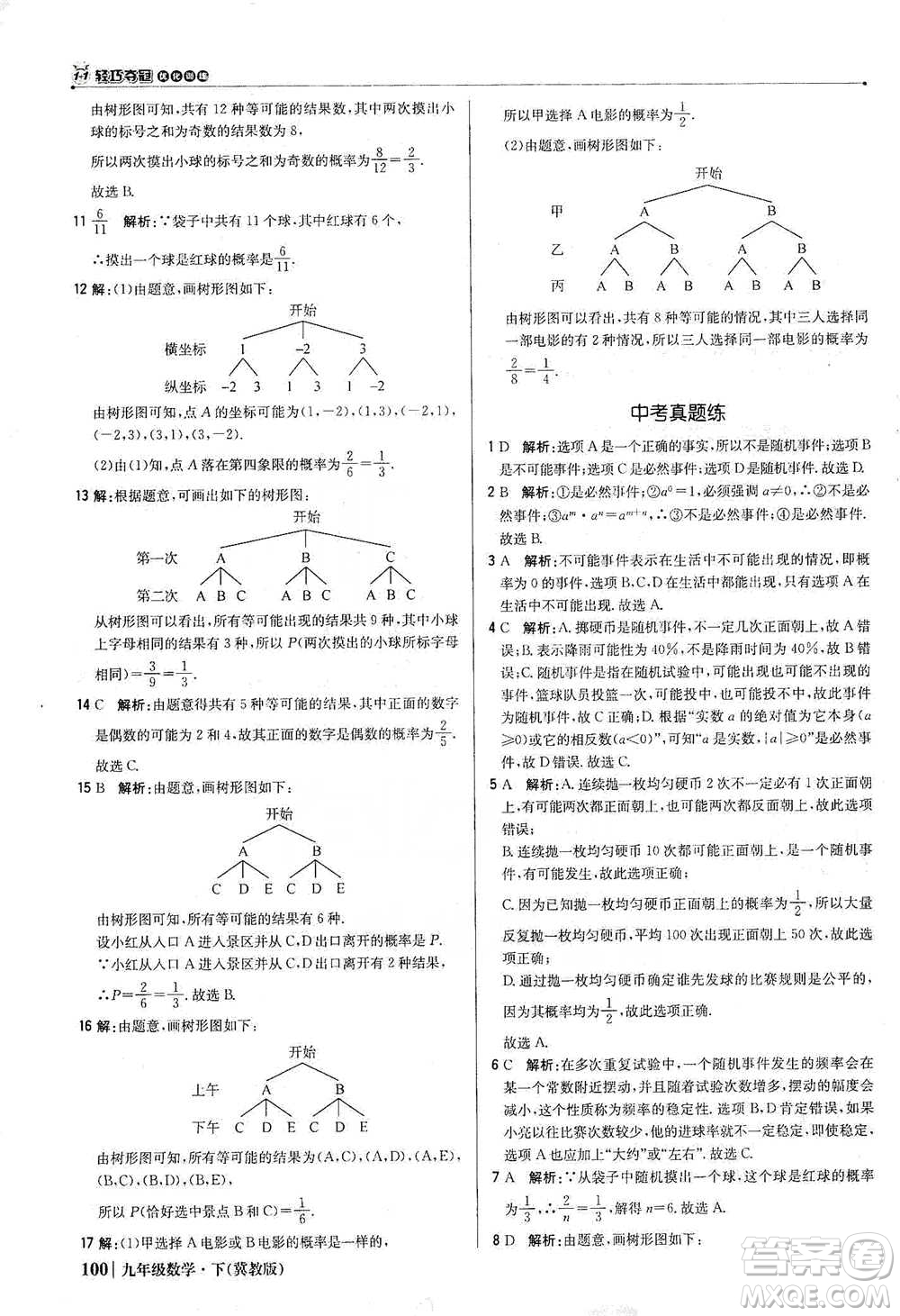 北京教育出版社2021年1+1輕巧奪冠優(yōu)化訓練九年級下冊數(shù)學冀教版參考答案