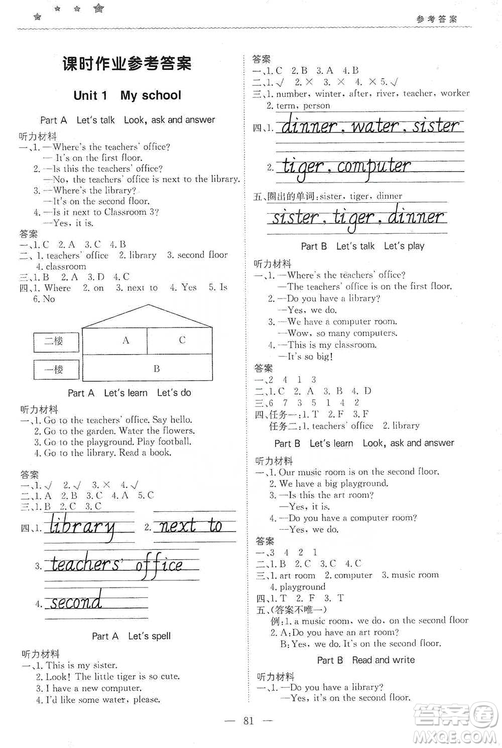 北京教育出版社2021年1+1輕巧奪冠優(yōu)化訓練四年級下冊英語人教PEP版參考答案