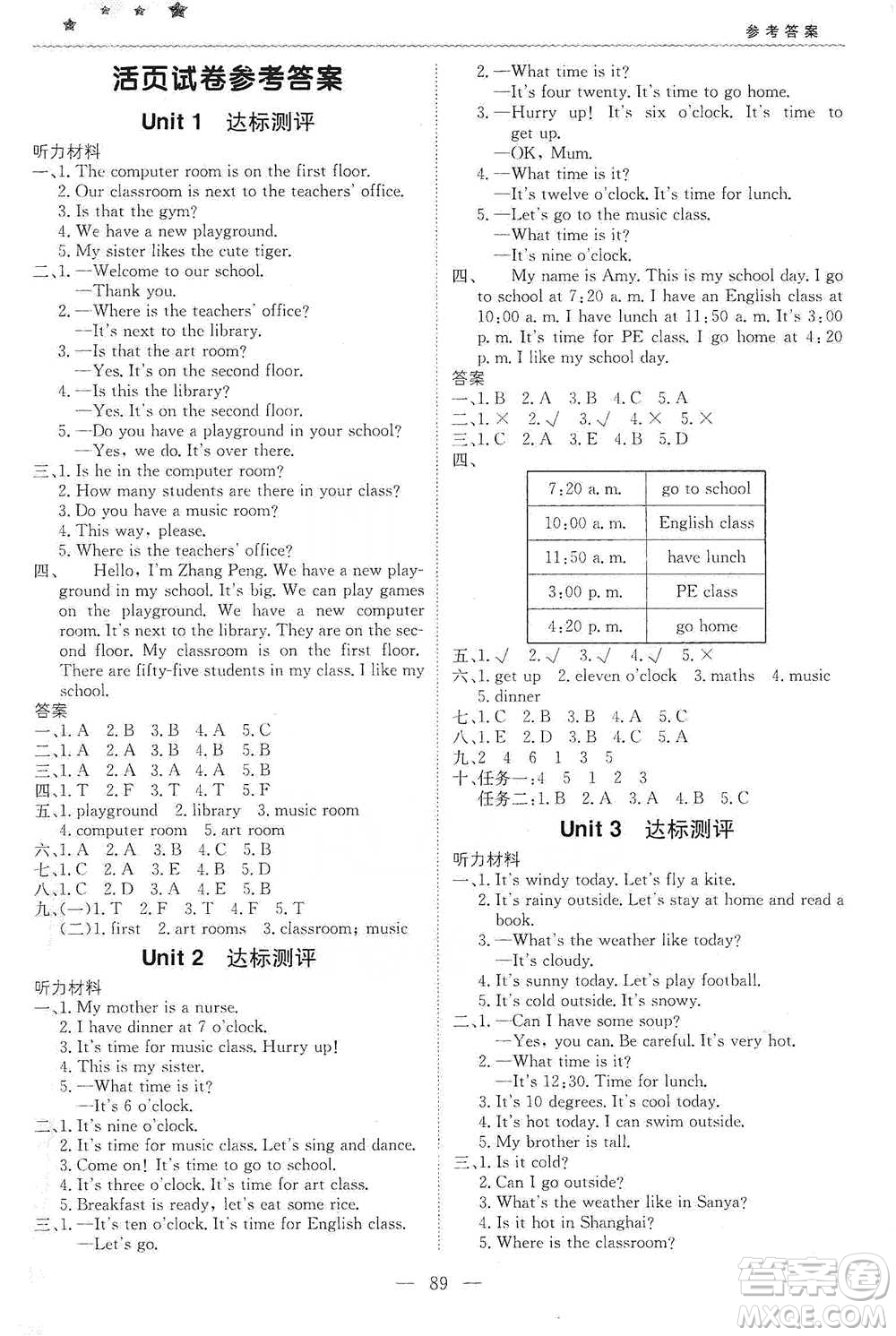 北京教育出版社2021年1+1輕巧奪冠優(yōu)化訓練四年級下冊英語人教PEP版參考答案