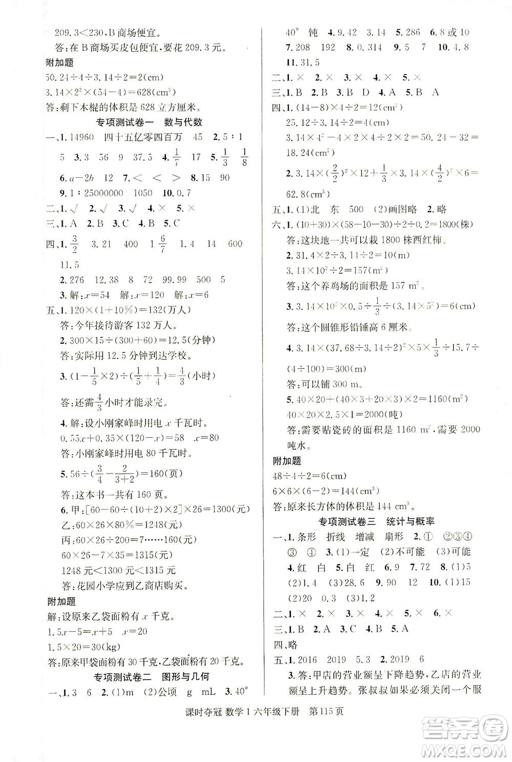 新疆人民出版總社2021課時奪冠數(shù)學(xué)六年級下冊R人教版答案