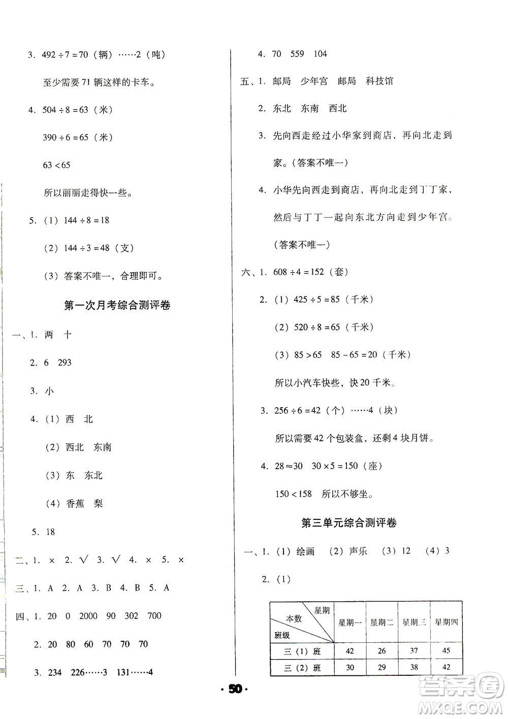 北方婦女兒童出版社2021全程考評一卷通數(shù)學(xué)三年級下冊RJ人教版答案