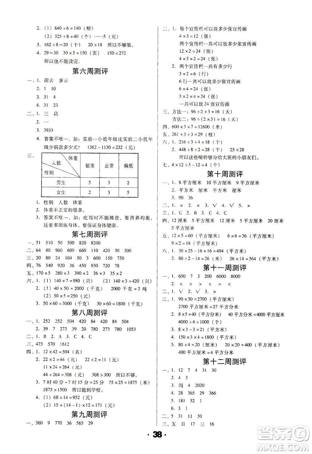 北方婦女兒童出版社2021全程考評一卷通數(shù)學(xué)三年級下冊RJ人教版答案