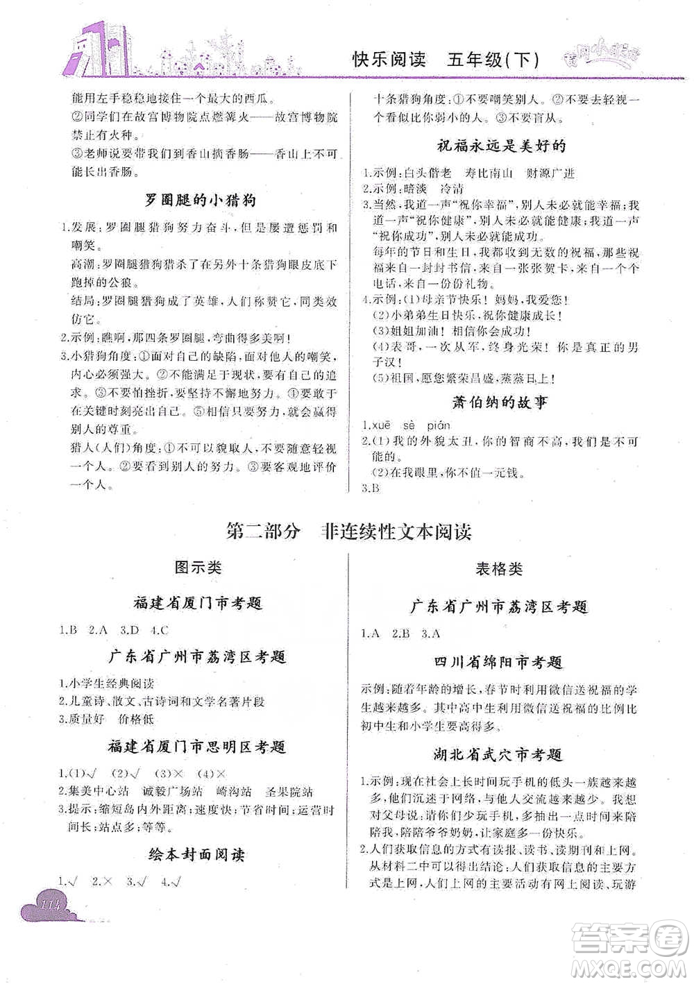 龍門書(shū)局2021黃岡小狀元快樂(lè)閱讀五年級(jí)下冊(cè)語(yǔ)文參考答案