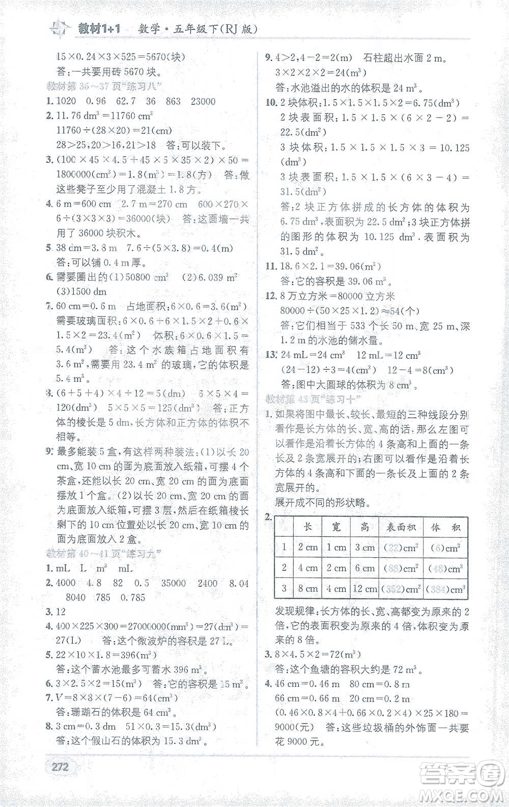 新疆青少年出版社2021教材1+1全解精練五年級下冊數(shù)學(xué)人教版參考答案