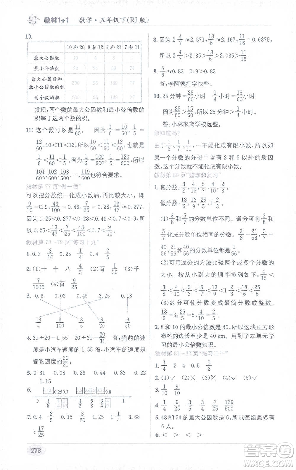 新疆青少年出版社2021教材1+1全解精練五年級下冊數(shù)學(xué)人教版參考答案