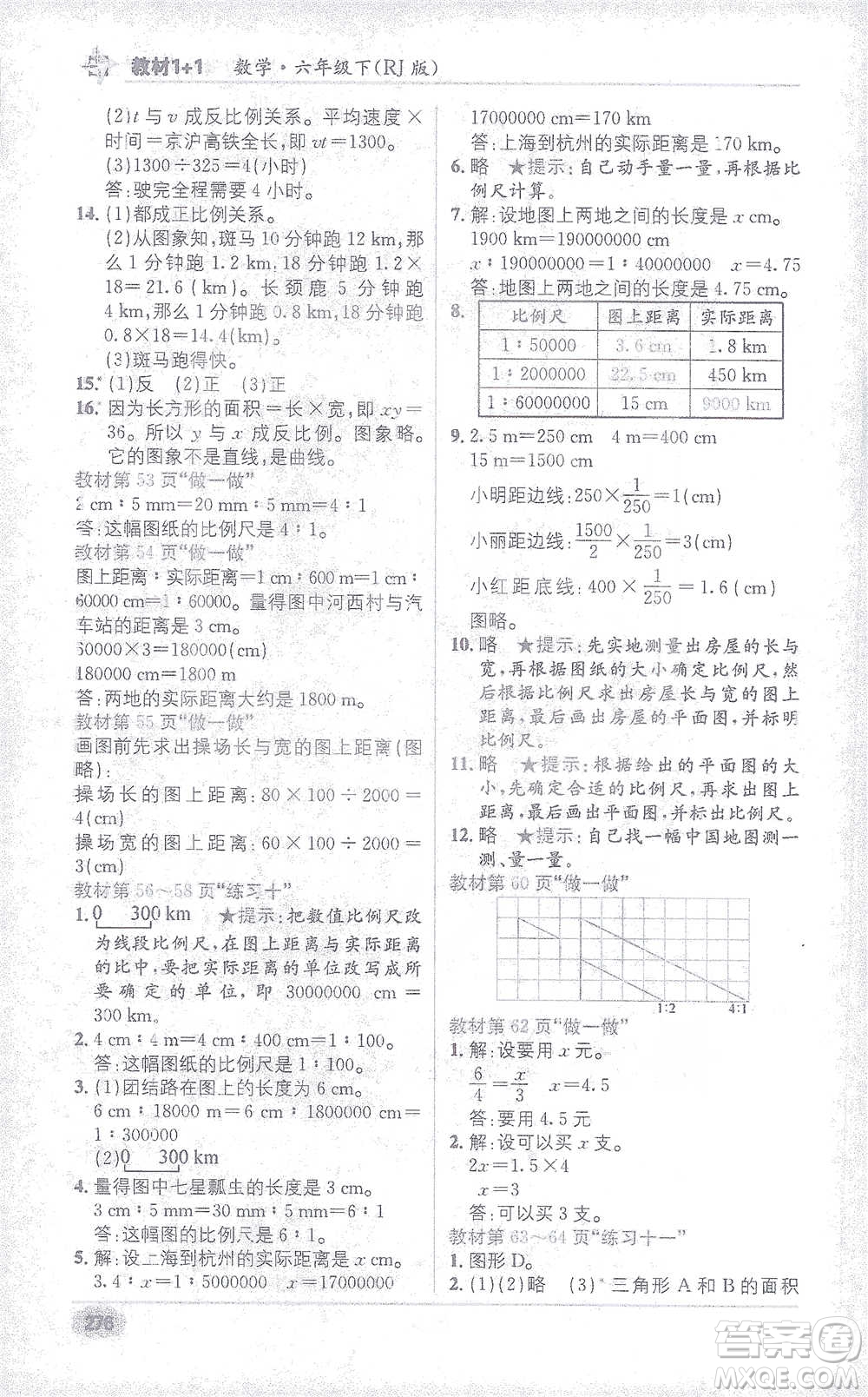 新疆青少年出版社2021教材1+1全解精練六年級下冊數(shù)學人教版參考答案