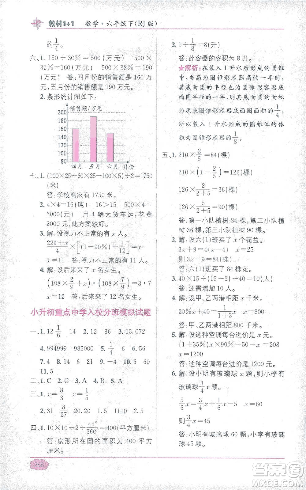 新疆青少年出版社2021教材1+1全解精練六年級下冊數(shù)學人教版參考答案