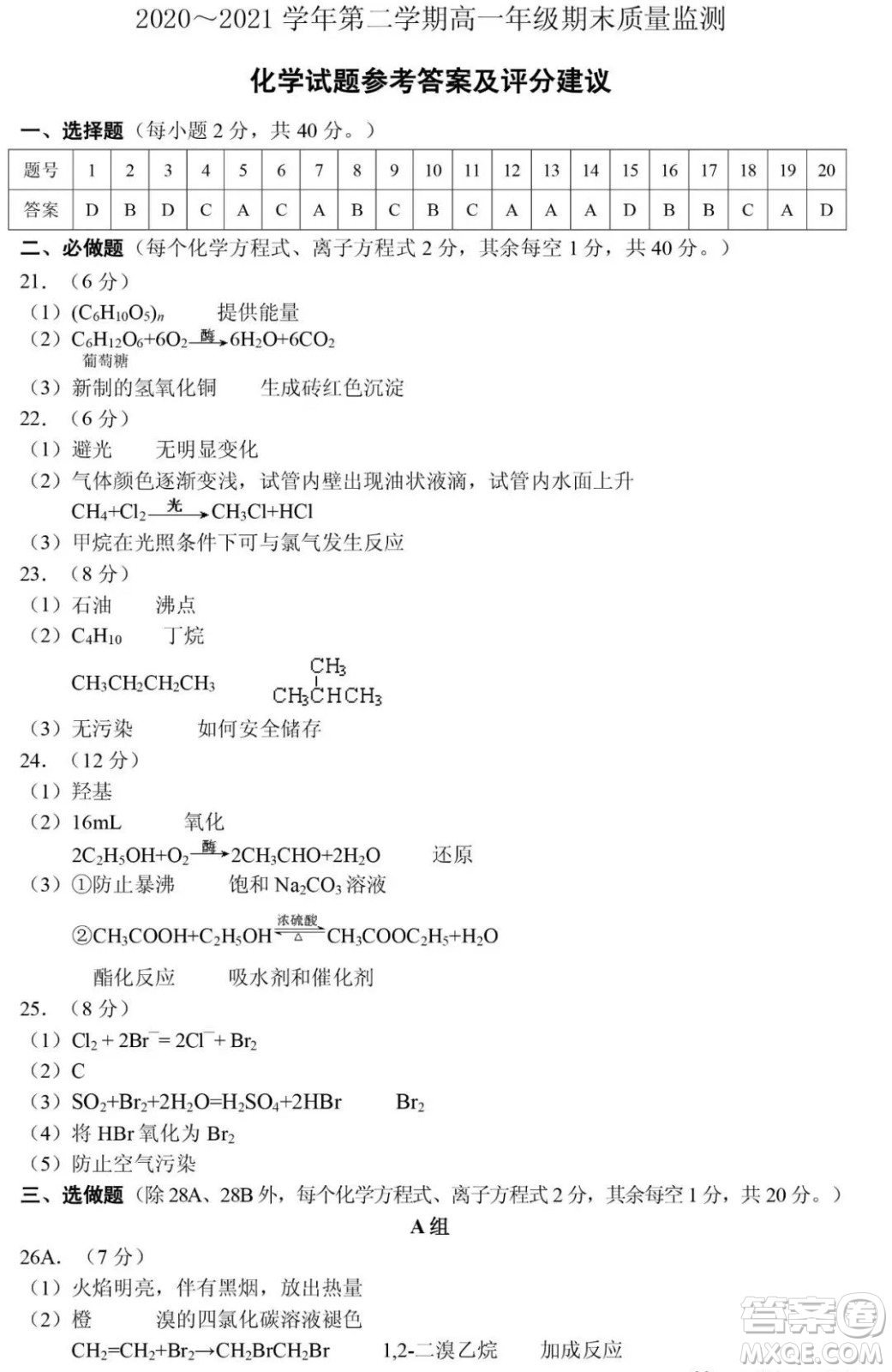 太原市2020-2021學(xué)年第二學(xué)期高一年級(jí)期末考試化學(xué)試卷及答案