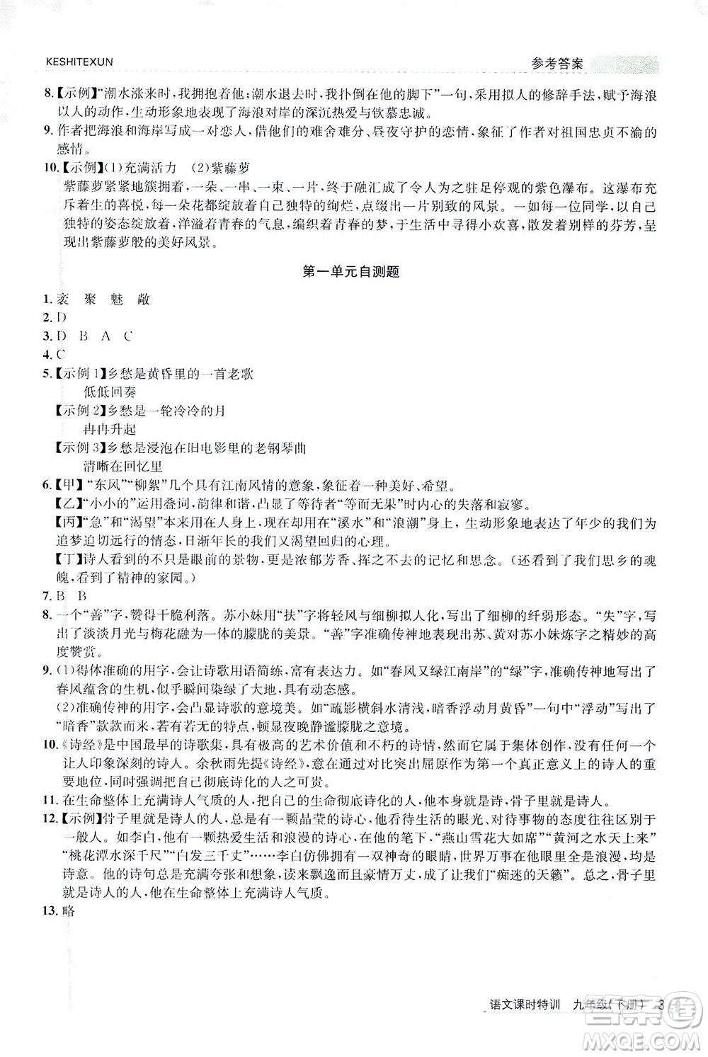 浙江人民出版社2021課時特訓九年級語文下冊人教版答案