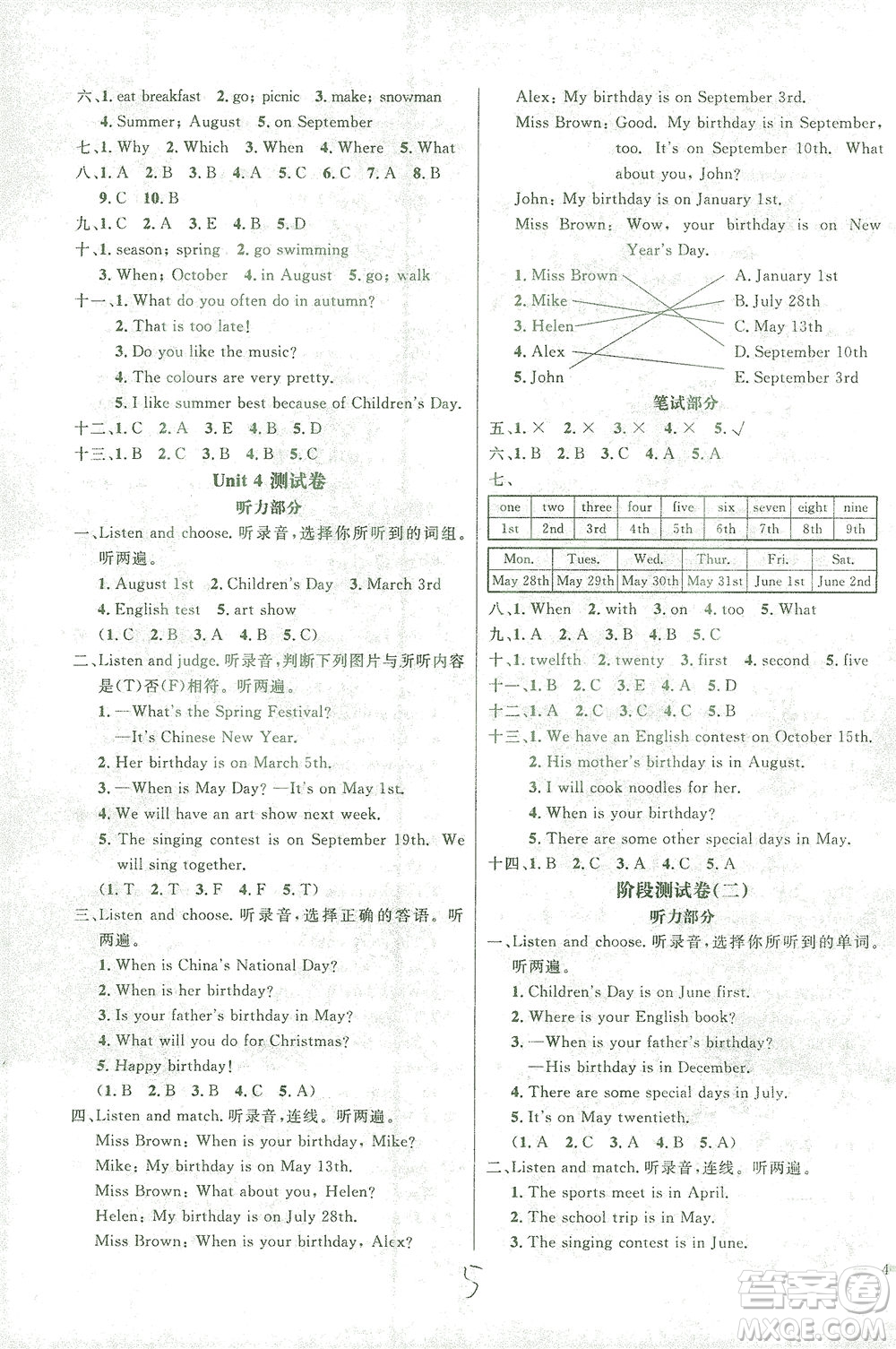 上海大學出版社2021過關(guān)沖刺100分英語五年級下冊人教版答案