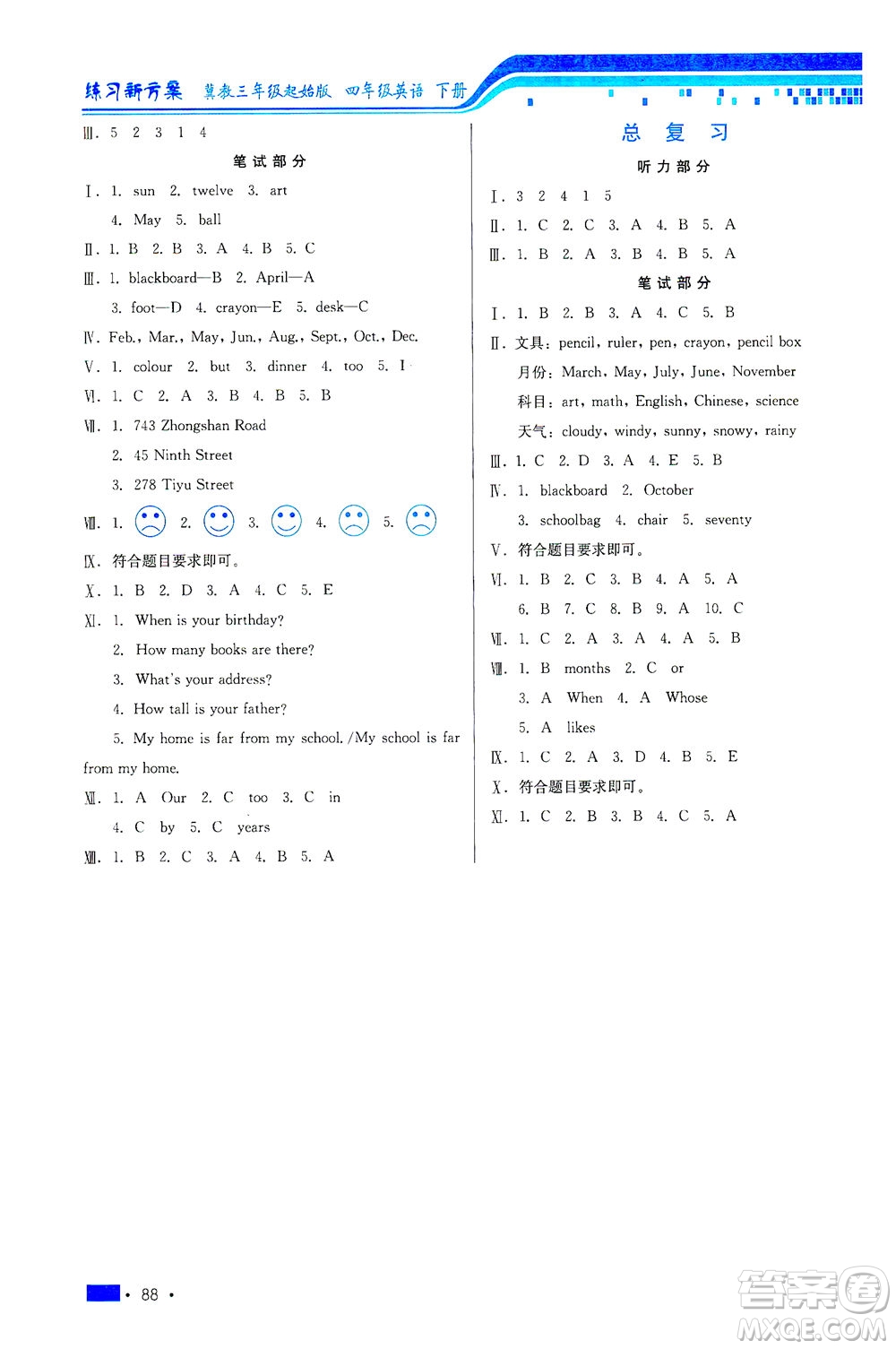 河北科學(xué)技術(shù)出版社2021練習(xí)新方案英語三年級起點(diǎn)四年級下冊冀教版答案