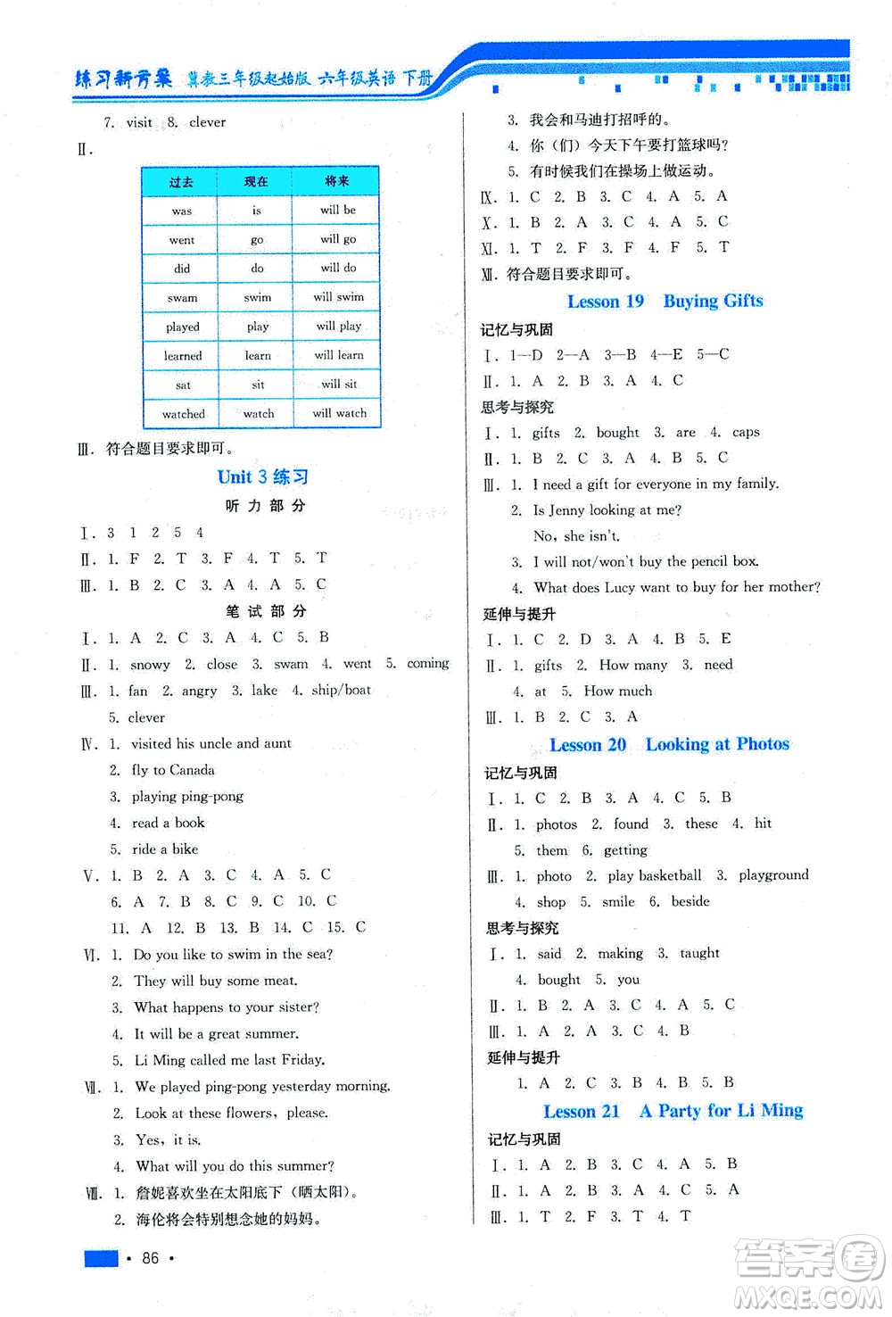 河北科學(xué)技術(shù)出版社2021練習(xí)新方案英語(yǔ)三年級(jí)起點(diǎn)六年級(jí)下冊(cè)冀教版答案