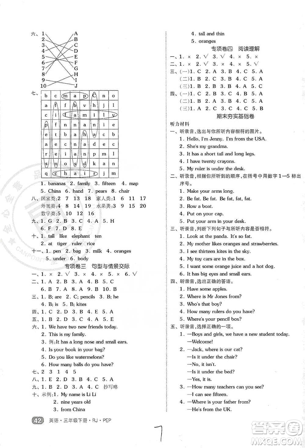 陽(yáng)光出版社2021全品小復(fù)習(xí)三年級(jí)下冊(cè)英語(yǔ)人教版參考答案