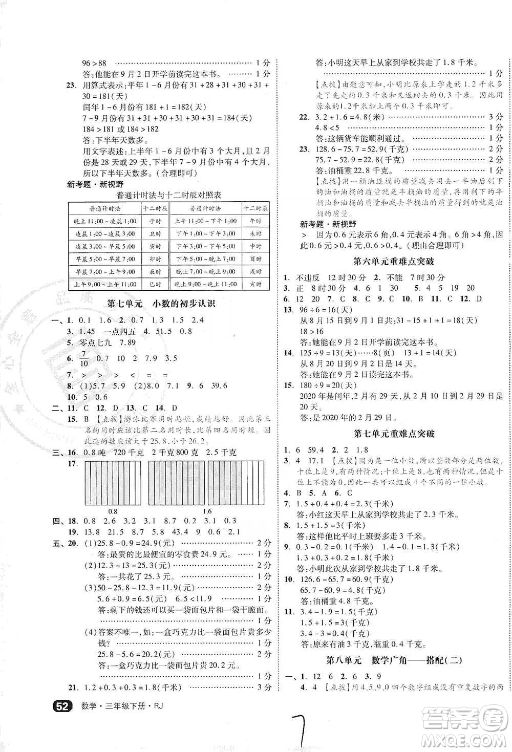 陽(yáng)光出版社2021全品小復(fù)習(xí)三年級(jí)下冊(cè)數(shù)學(xué)人教版參考答案