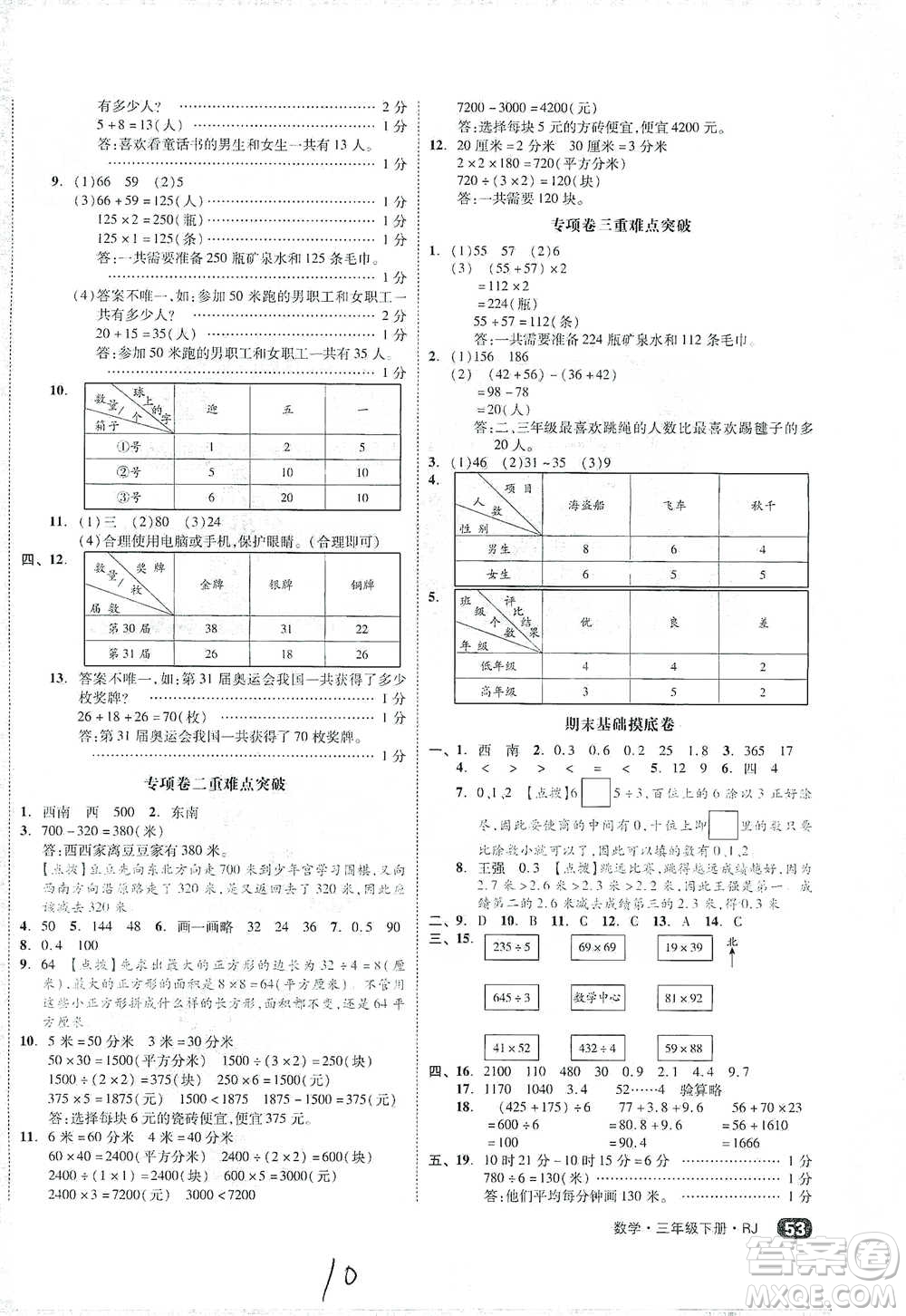 陽(yáng)光出版社2021全品小復(fù)習(xí)三年級(jí)下冊(cè)數(shù)學(xué)人教版參考答案