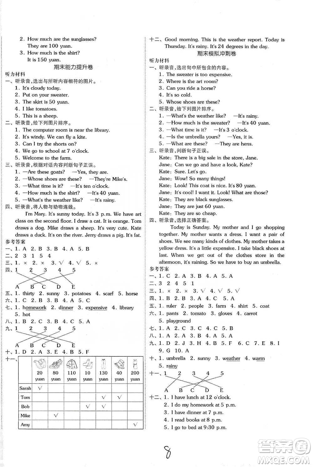 陽(yáng)光出版社2021全品小復(fù)習(xí)四年級(jí)下冊(cè)英語(yǔ)人教版參考答案