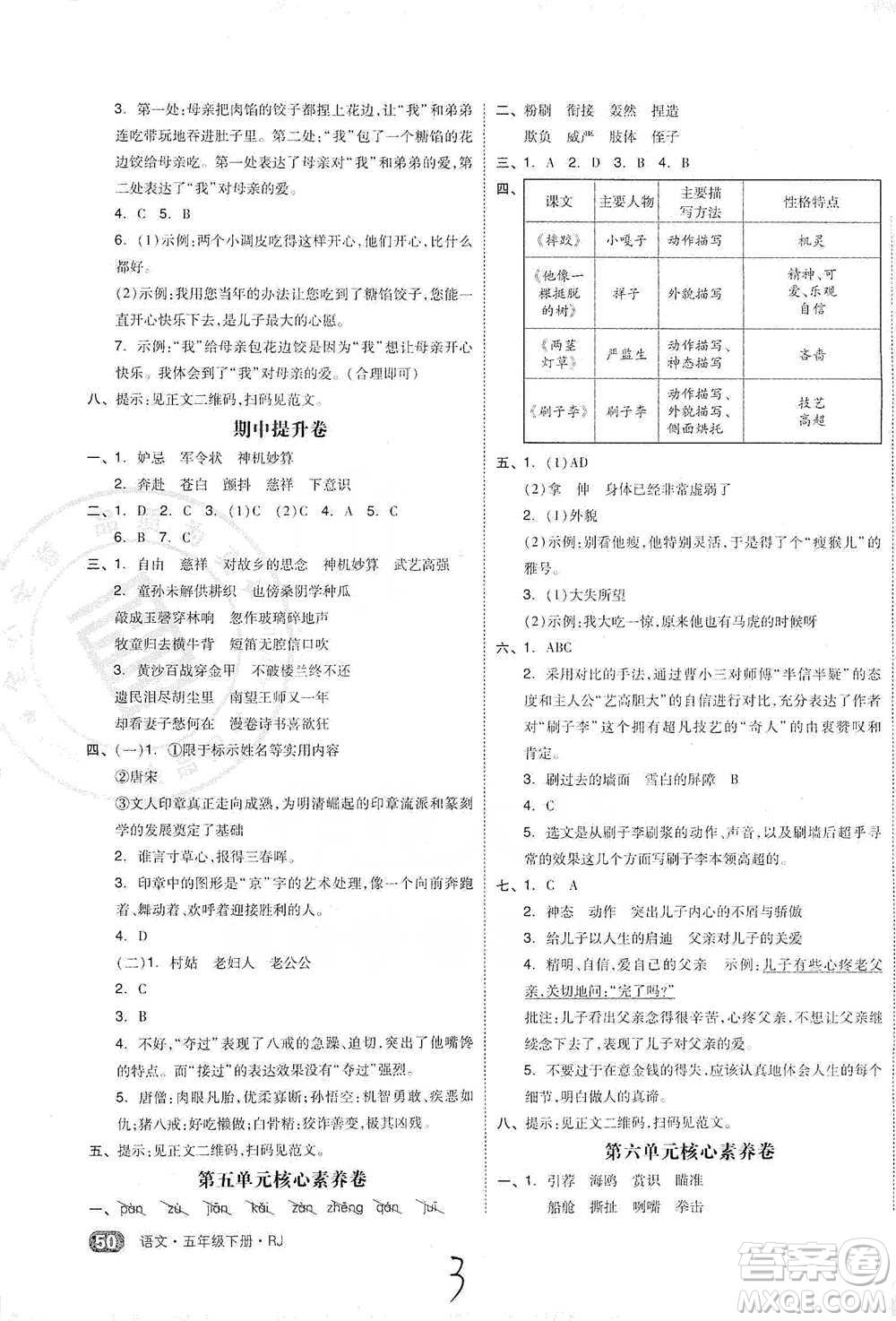 陽光出版社2021全品小復(fù)習(xí)五年級下冊語文人教版參考答案