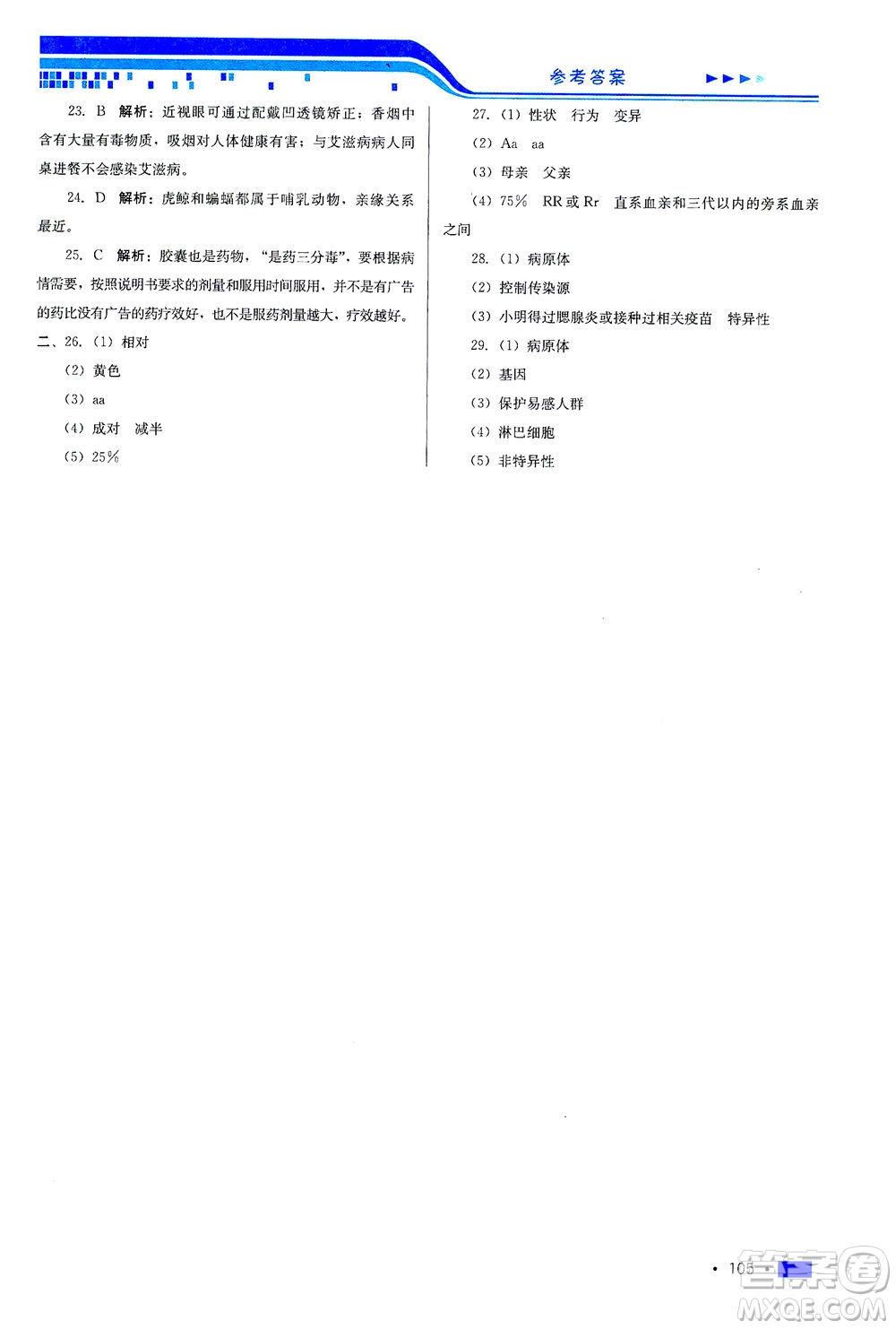 河北科學技術(shù)出版社2021練習新方案生物學八年級下冊人教版答案