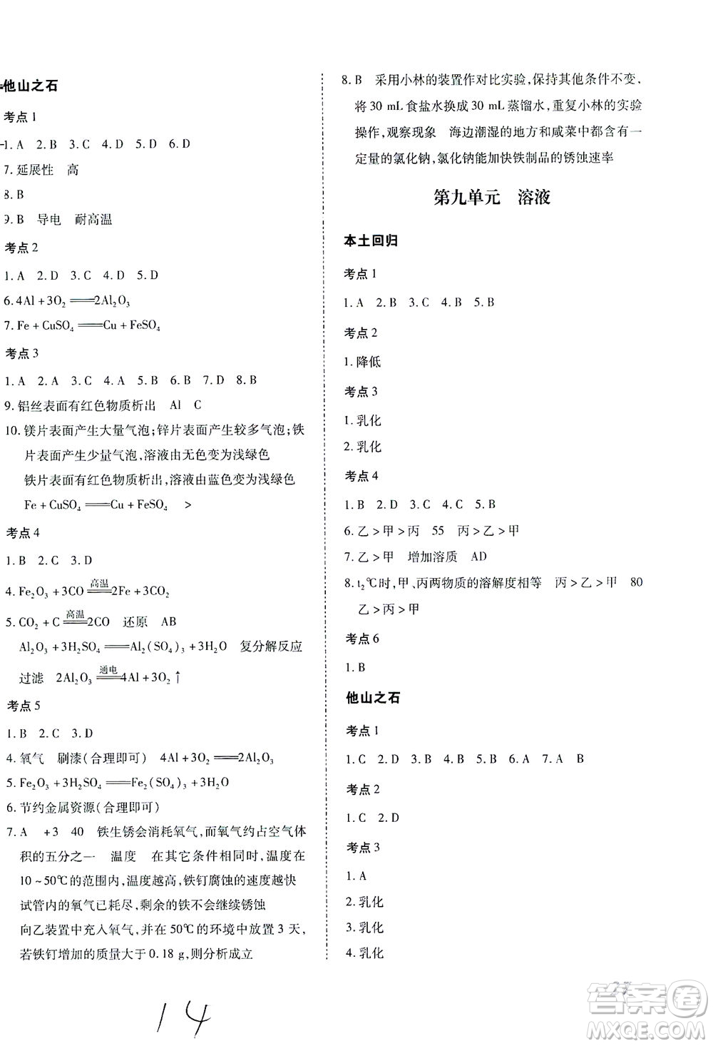 延邊教育出版社2021本土攻略精準(zhǔn)復(fù)習(xí)方案九年級(jí)化學(xué)下冊人教版云南專版答案