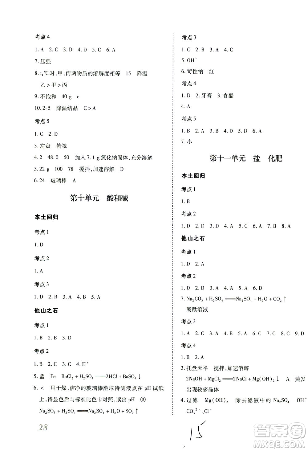 延邊教育出版社2021本土攻略精準(zhǔn)復(fù)習(xí)方案九年級(jí)化學(xué)下冊人教版云南專版答案