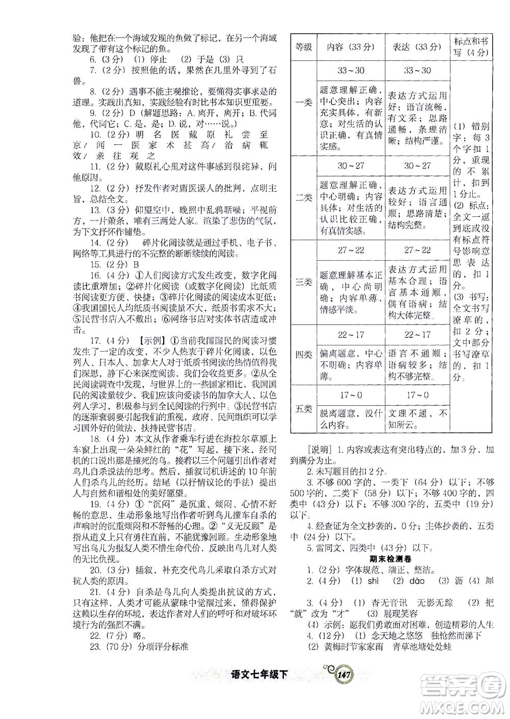 遼寧教育出版社2021尖子生課時作業(yè)七年級語文下冊人教版答案