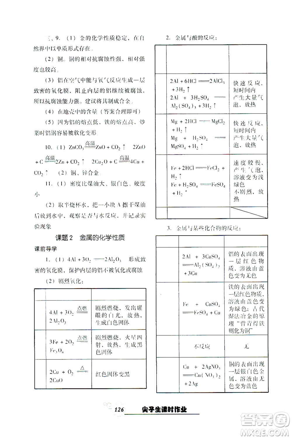 遼寧教育出版社2021尖子生課時(shí)作業(yè)九年級(jí)化學(xué)下冊(cè)人教版答案